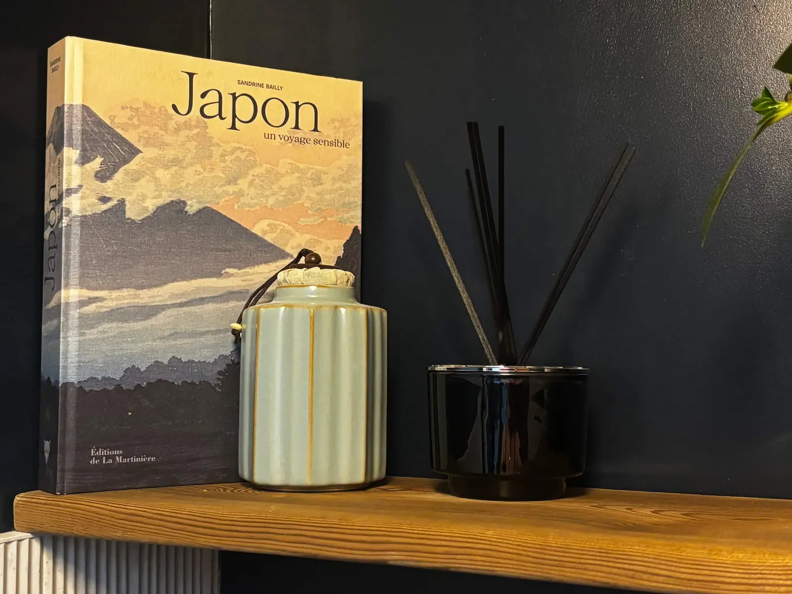 Livre « Japon », pot en céramique et diffuseur sur le bois